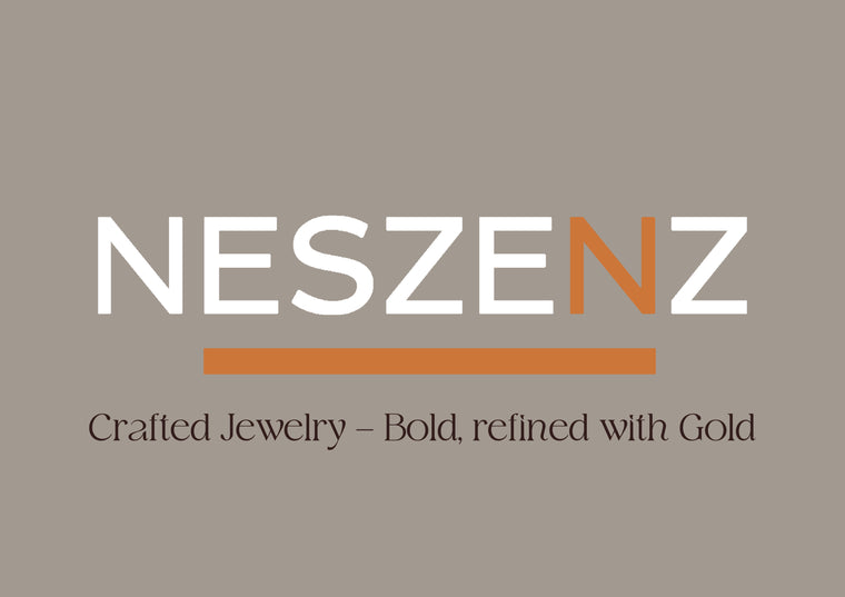 Neszenz Logo mit Tagline, Slogan, Crafted Jewelry, Bold, refined with Gold, Farben: taupe, grey, cognac, pumpkin, kürbis